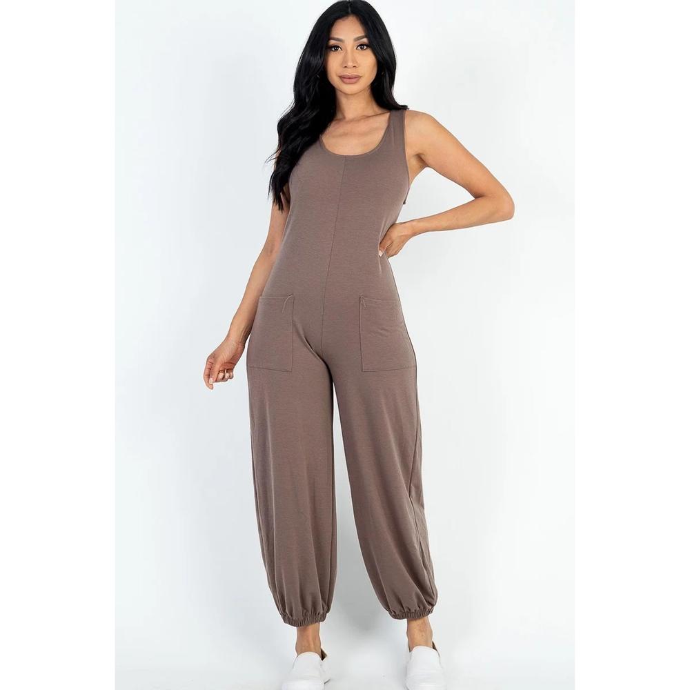 Casual Solid French Terry Sleeveless Scoop Neck Front Pocket Jumpsuit - Picture 1 of 4